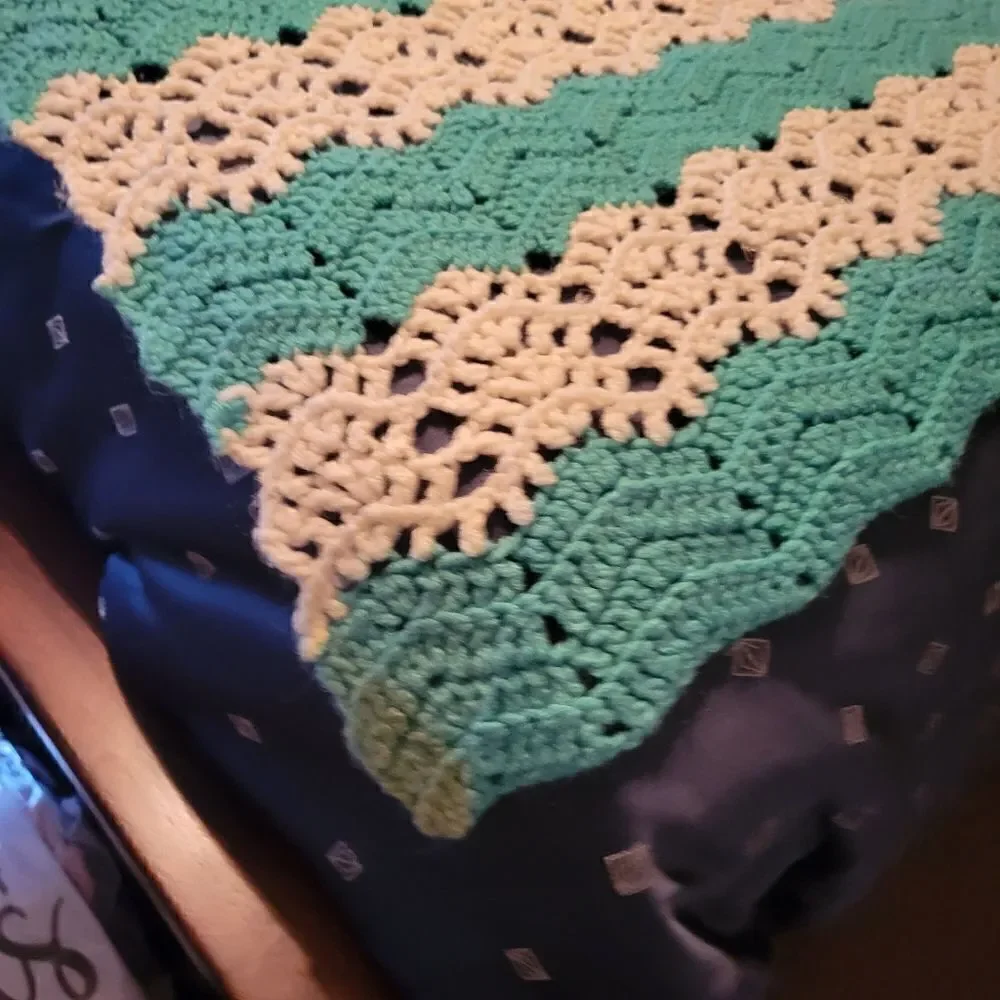 Vintage Afghan Crochet Handmade Teal & White Knit Blanket Throw
